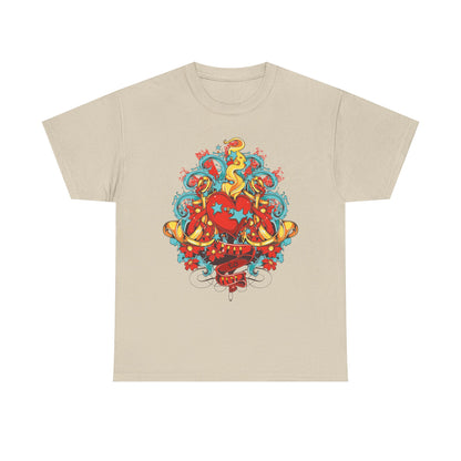 Stylish men's t-shirt presented in a neutral beige colour, highlighted by an ornate heart design combined with vivid floral and swirling accents in shades of red, turquoise, and gold.