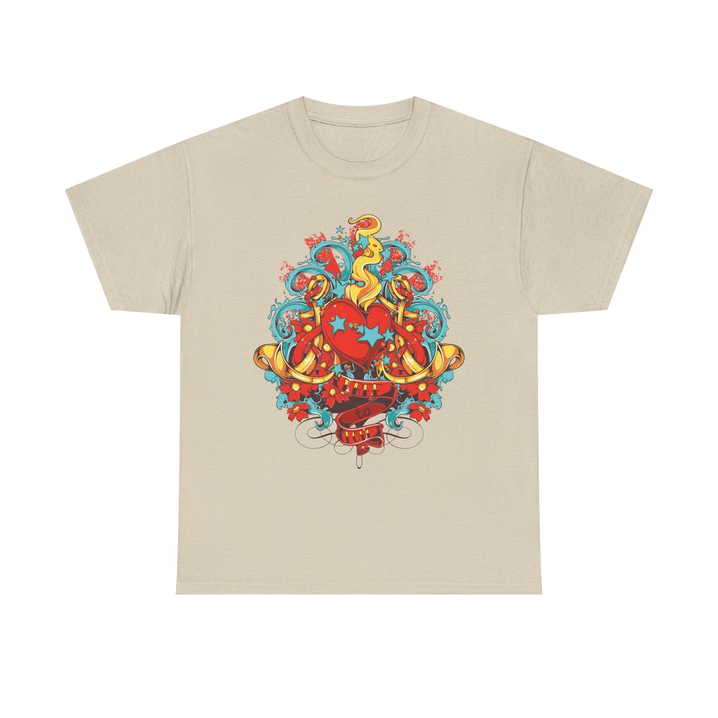 Luxury men’s t-shirt featuring a whimsical heart design with vibrant red heart, turquoise accents, and intricate floral elements, perfect for those who appreciate artistic expression.