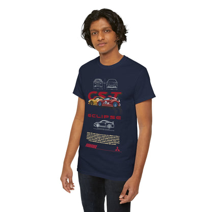 Elegant Mitsubishi Eclipse GST graphic tee on a male model, featuring striking car designs and dynamic text, perfect for car enthusiasts who appreciate style and quality.