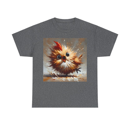 Explosive Joy Tee - Cartoon Bird Edition: A stylish dark grey unisex cotton t-shirt adorned with a cheerful cartoon bird design, perfect for adding a playful touch to your wardrobe.