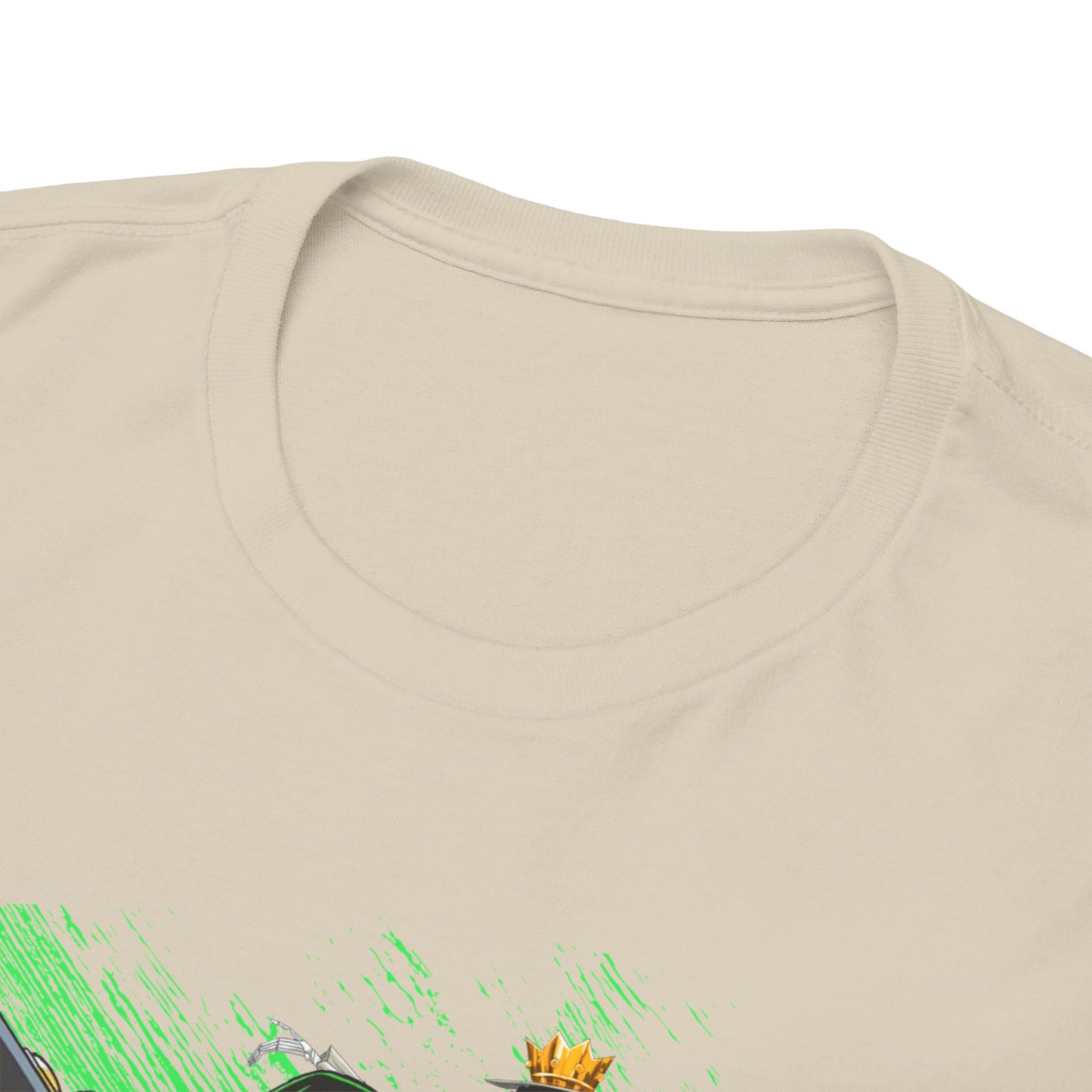 Up-close view of the luxurious neckline of the One Piece Zoro T-shirt, emphasising quality fabric and bold graphic details that appeal to fashion-forward anime fans.
