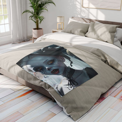 Luxurious Decorative and Warm Halloween Cute Arctic Fleece Blanket displayed on a stylish bed, featuring a haunting character design to enhance your festive atmosphere.