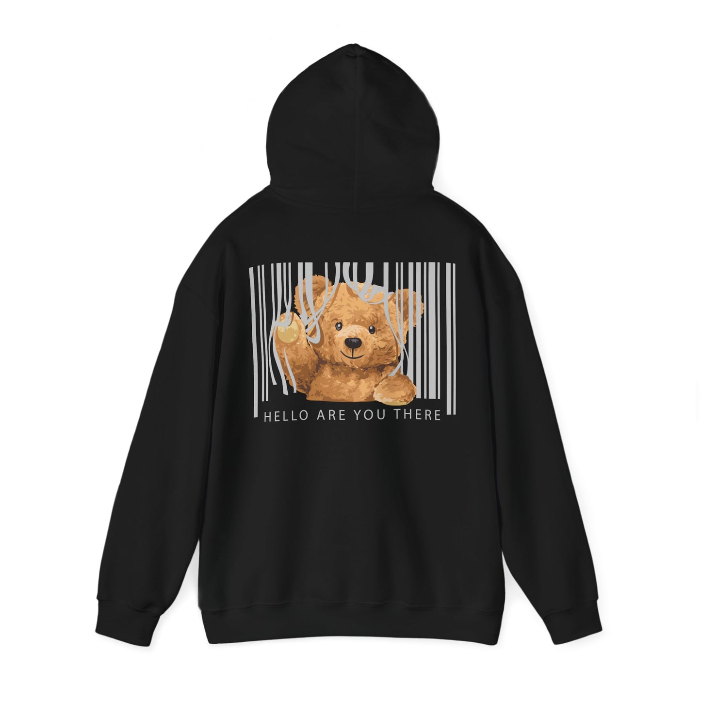 Chic black hoodie showcasing a delightful teddy bear graphic against barcode lines on the back, inviting a sense of playful charm with a contemporary edge.