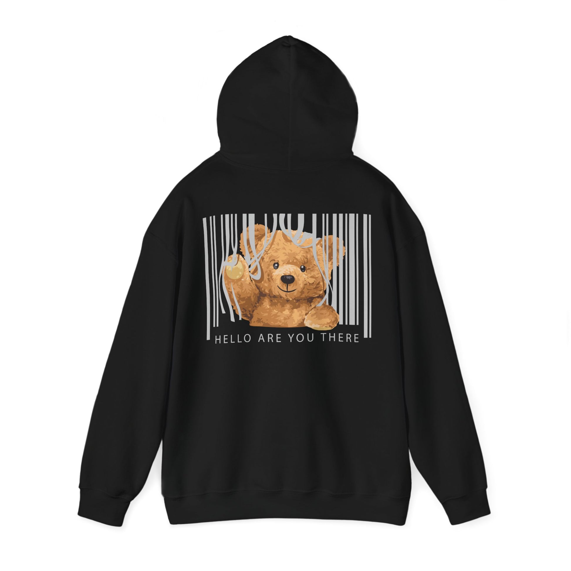 Chic black hoodie showcasing a delightful teddy bear graphic against barcode lines on the back, inviting a sense of playful charm with a contemporary edge.