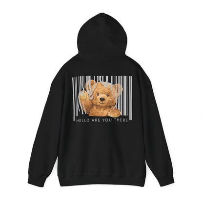 Chic black hoodie showcasing a delightful teddy bear graphic against barcode lines on the back, inviting a sense of playful charm with a contemporary edge.