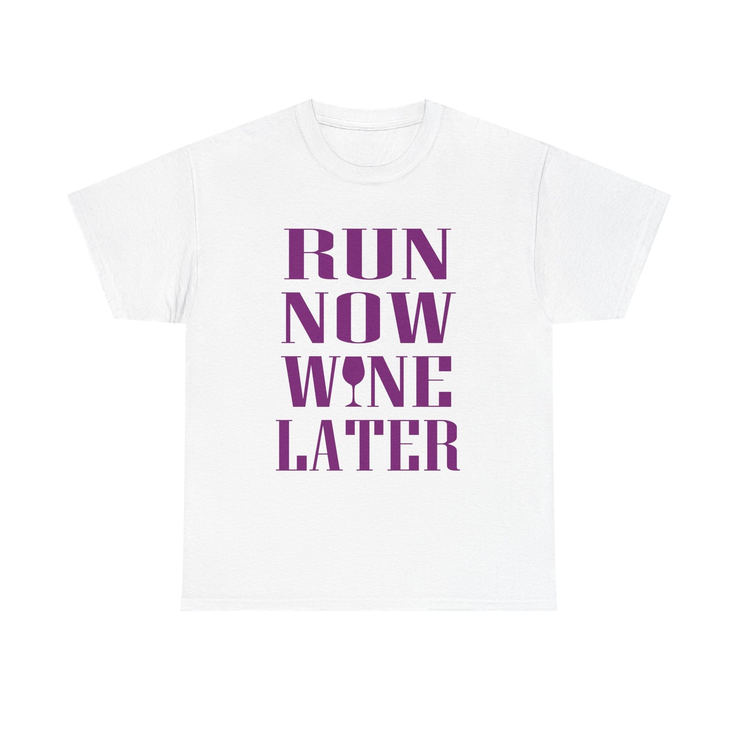 Luxurious white women's t-shirt featuring bold purple typography that reads 'RUN NOW WINE LATER', elegantly designed for fitness enthusiasts who enjoy a chic lifestyle.