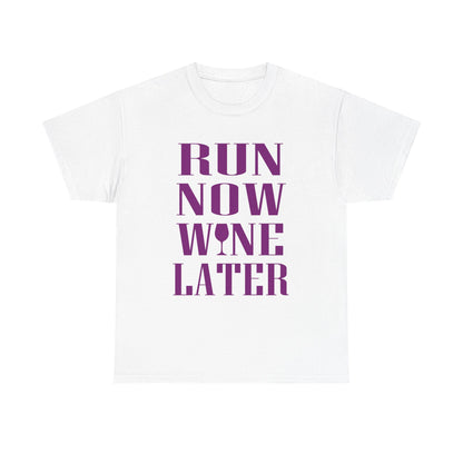 Luxurious white women's t-shirt featuring bold purple typography that reads 'RUN NOW WINE LATER', elegantly designed for fitness enthusiasts who enjoy a chic lifestyle.
