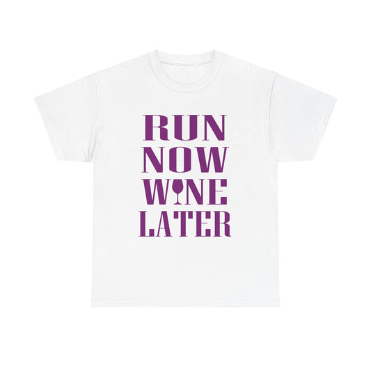 Luxurious white women's t-shirt featuring bold purple typography that reads 'RUN NOW WINE LATER', elegantly designed for fitness enthusiasts who enjoy a chic lifestyle.