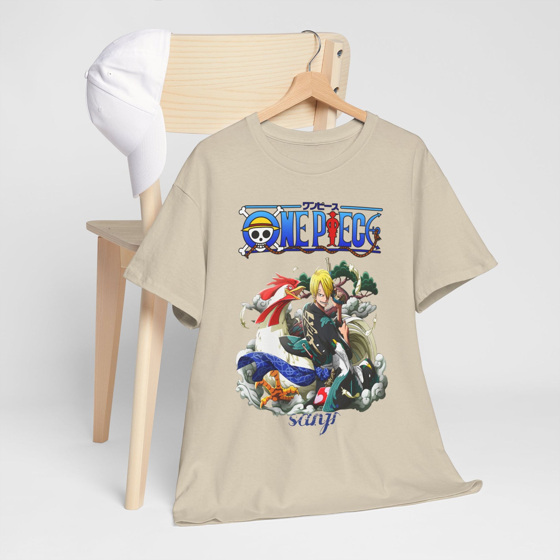 Sophisticated men's t-shirt presented on a wooden hanger, featuring a stunning Sanji design from One Piece, offering a unique blend of comfort and style for discerning fans.