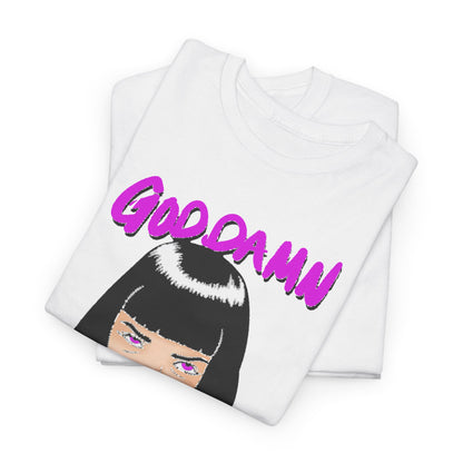 Stylishly folded white T-shirts featuring bold 'GOOD DAMN' typography and an artistic illustration of a woman, perfect for pop culture enthusiasts.