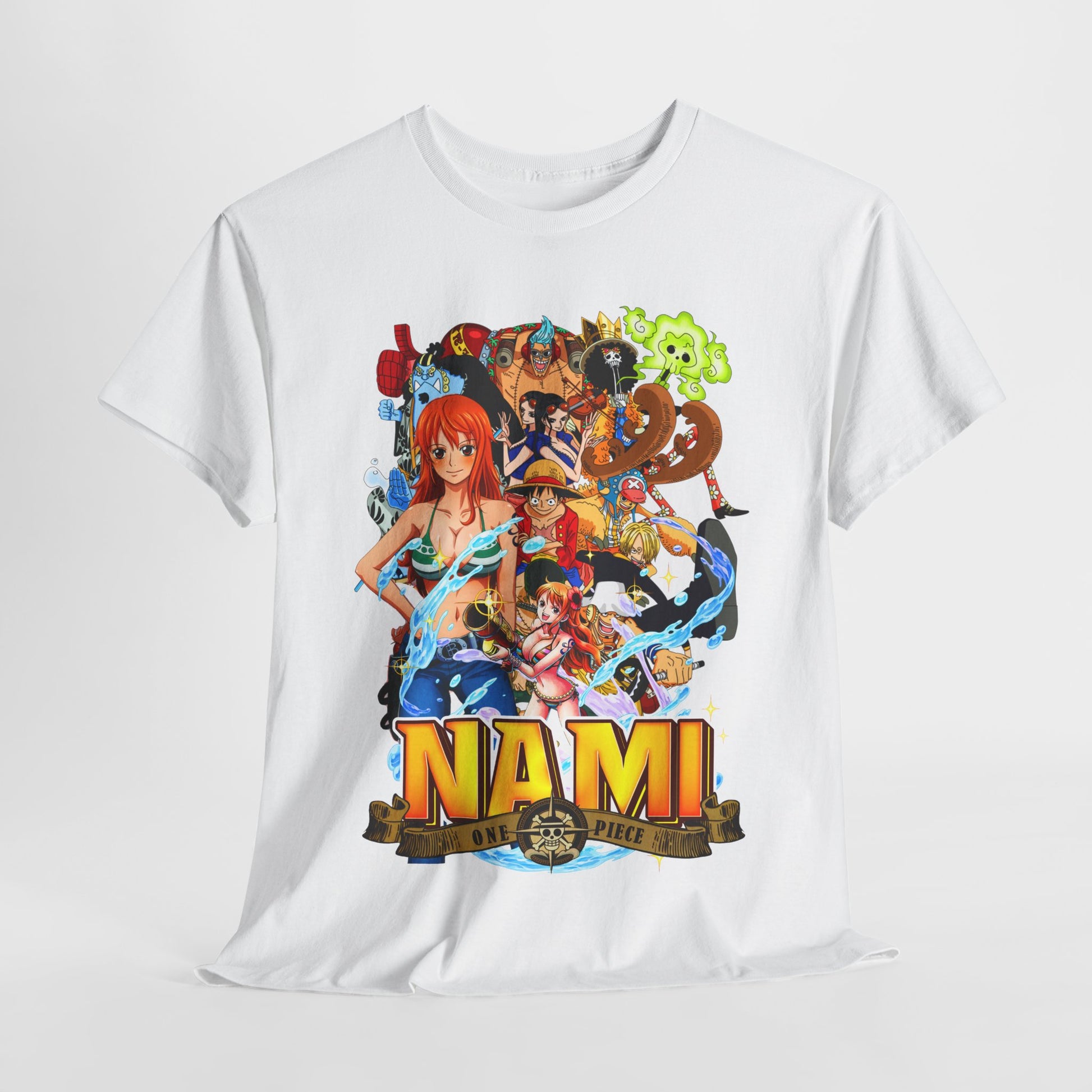 Luxurious men's white t-shirt featuring a vibrant Nami graphic from the popular anime One Piece, showcasing the iconic character against a colourful backdrop of adventure.