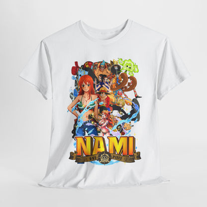 Luxurious men's white t-shirt featuring a vibrant Nami graphic from the popular anime One Piece, showcasing the iconic character against a colourful backdrop of adventure.