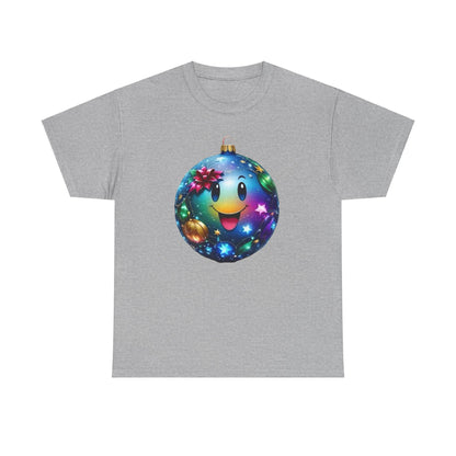Festive Cheer Christmas Bauble Unisex Cotton T-Shirt Graphic Tee featuring an enchanting blue bauble with a smiling face, perfectly capturing the whimsical spirit of Christmas in a luxurious cotton design.