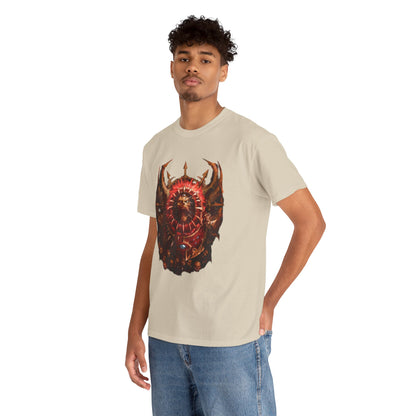 Elegant graphic cotton t-shirt worn by a model, featuring a captivating Warhammer design with a vivid shield and intricate patterns.