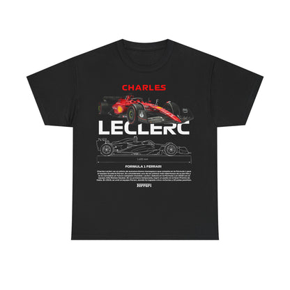 Elegant black t-shirt showcasing a striking design of Charles Leclerc alongside a Ferrari, perfect for stylish racing fans.