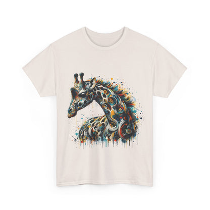 Front view of a beige Fantasy Art Giraffe Graphic T-Shirt with an exquisite, colourful giraffe illustration, perfect for adding flair to any wardrobe.