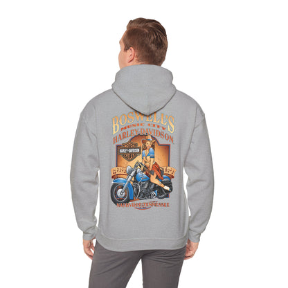 Chic grey hoodie displaying a detailed back print of a confident pin-up girl on a motorcycle, featuring Boswell's Music City and Harley-Davidson branding, perfect for stylish outings and music lovers.