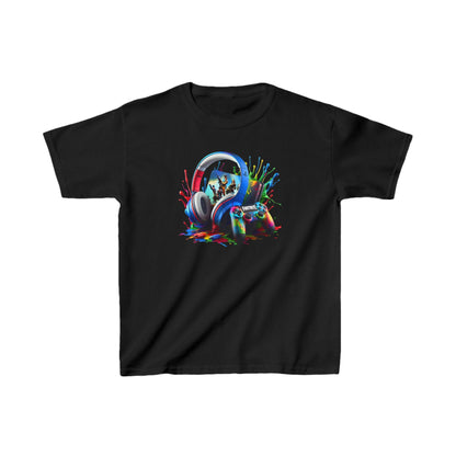 Unisex Children's Gaming Graphic Cotton Tee in black, featuring a vibrant graphic design of headphones and a game controller, ideal for young gamers in a soft and breathable fabric.