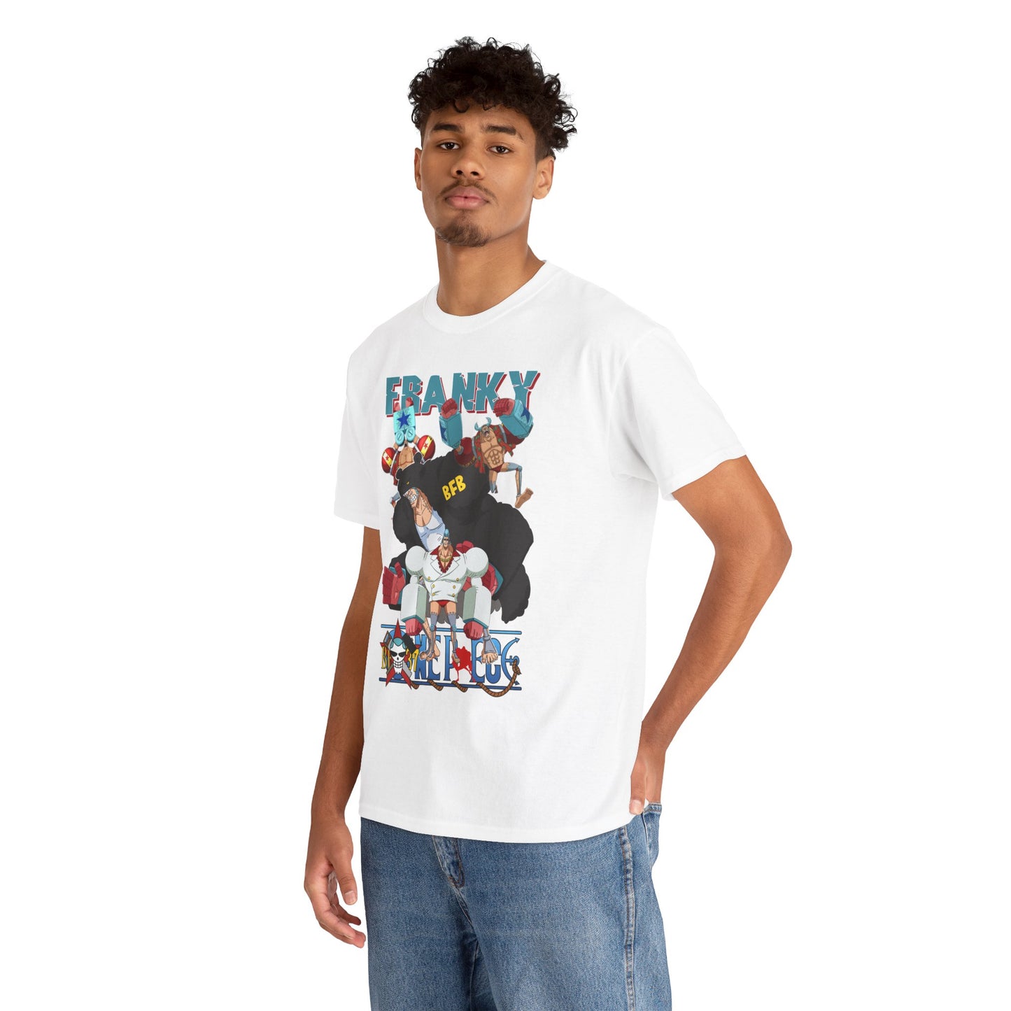 Stylish male model wearing a luxurious white t-shirt printed with dynamic anime graphics, ideal for expressing individuality and passion.