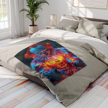 Luxurious Decorative and Warm Halloween Spooky Pennywise IT Arctic Fleece Blanket resting on a stylish bed, showcasing vibrant colours and intricate design.