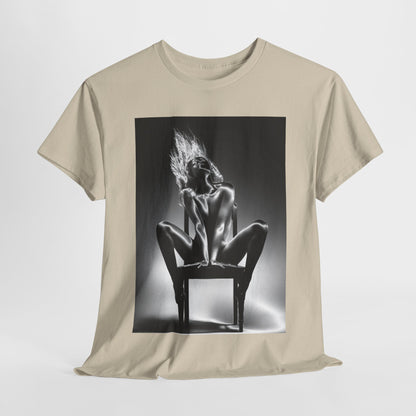 Luxurious unisex graphic cotton t-shirt featuring striking black and white artwork of a confident figure in an elegant pose, embodying a blend of artistry and humour.