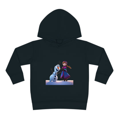 Sophisticated Girls Olaf Frozen Hoodie in black fleece featuring an enchanting graphic of Olaf and Anna, tailored for 2-5 year old fans.