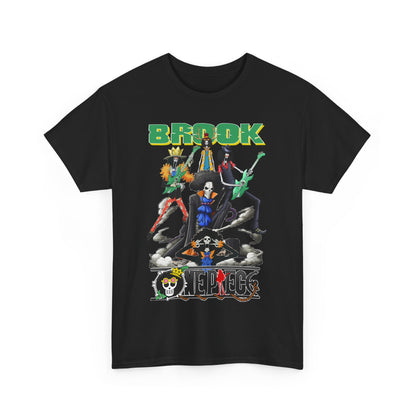 Chic Brook & Crew graphic t-shirt, beautifully designed for anime lovers, featuring iconic illustrations of Brook and his crew in a stylish black colour.