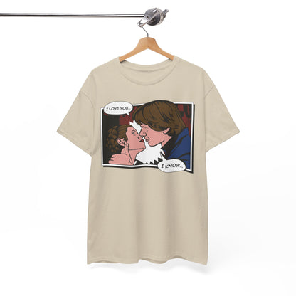 Elegantly crafted Star Wars 'I Know' graphic tee showcasing Han Solo and Princess Leia sharing a passionate kiss, adorned with iconic quotes, perfect for fans.