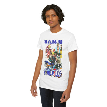 Sophisticated male model donning a pristine white Sanji graphic t-shirt from One Piece, exuding a stylish and confident aura.