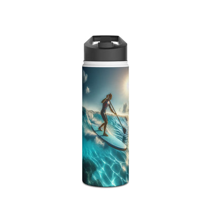 Luxury Fantasy Paddleboarding Stainless Steel Water Bottle featuring a dynamic image of a paddleboarder riding waves under sunlight, perfect for adventure enthusiasts.
