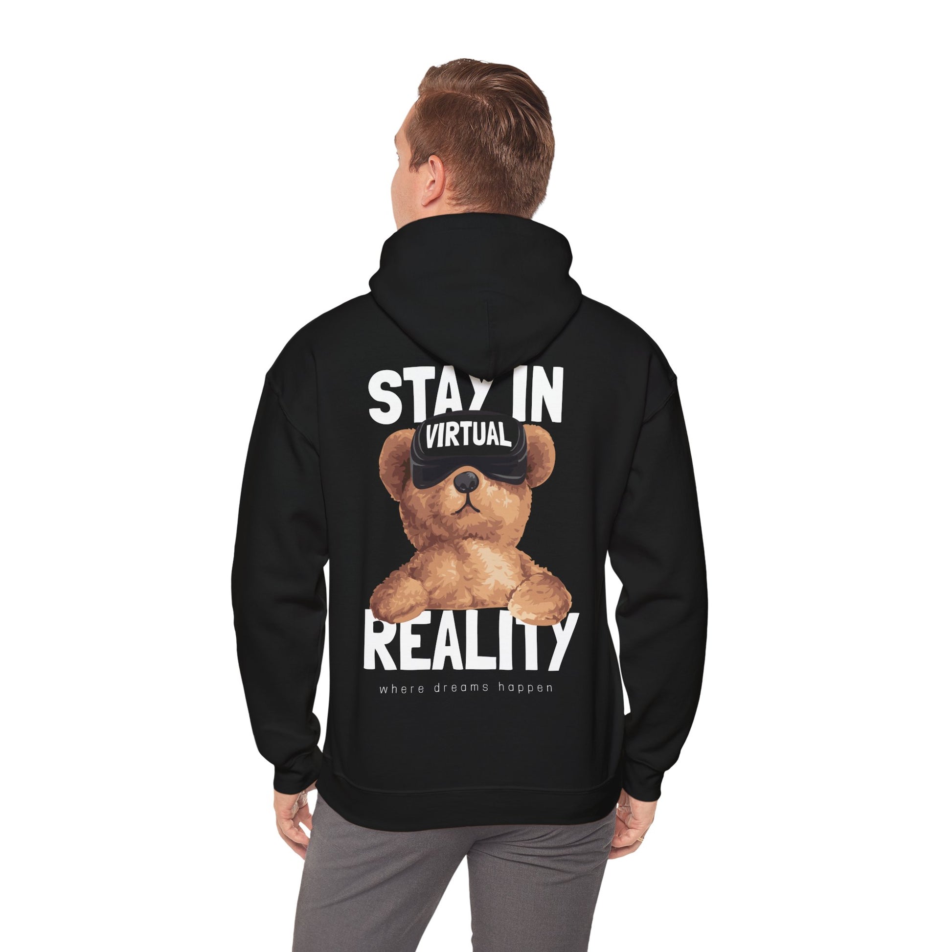 Stylish black hoodie designed with an adorable VR teddy bear print on the back, featuring bold text and luxurious detailing.