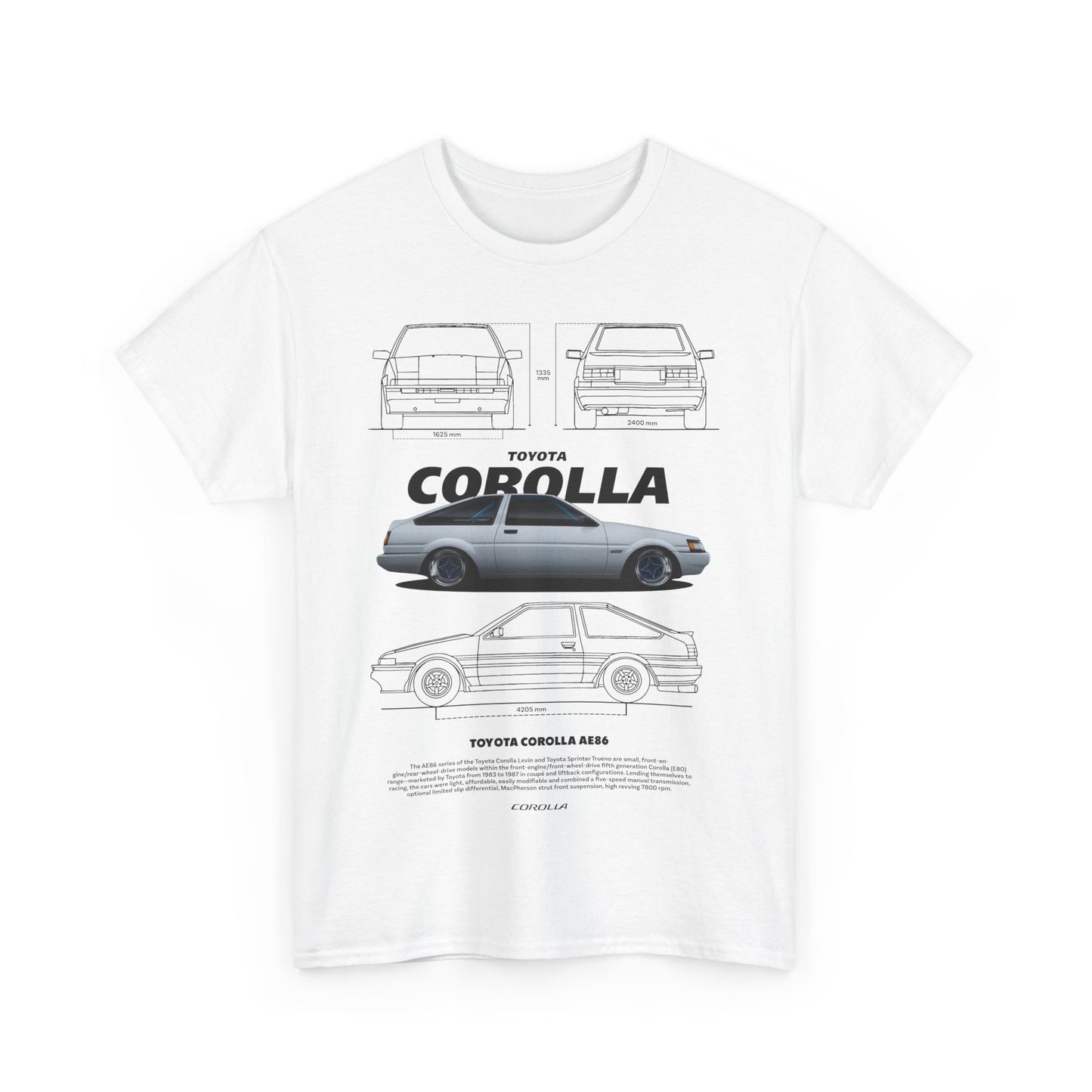 Luxury men's T-shirt featuring a detailed graphic illustration of the iconic Toyota Corolla AE86, showcasing side, front, and rear views with technical specifications.