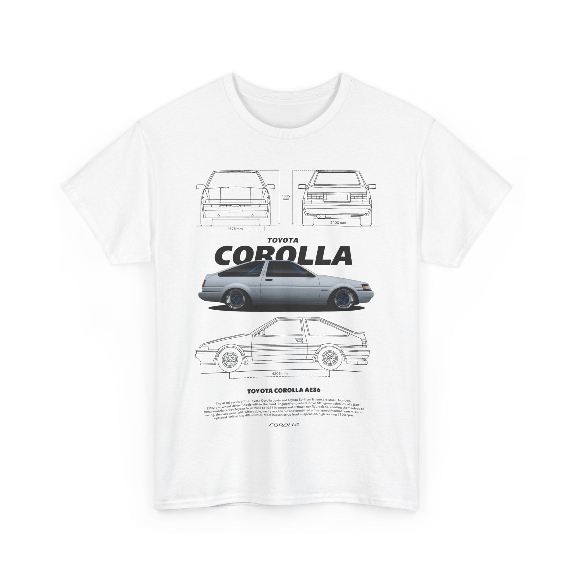 Luxury men's T-shirt featuring a detailed graphic illustration of the iconic Toyota Corolla AE86, showcasing side, front, and rear views with technical specifications.