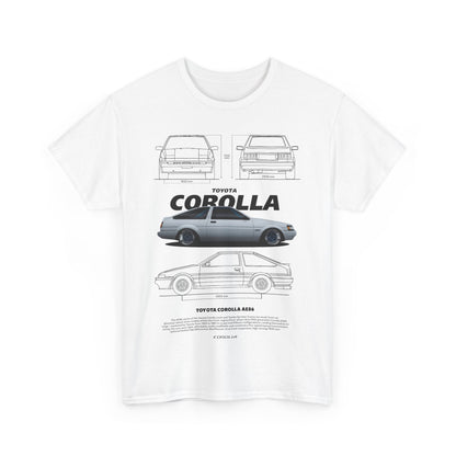 Luxury men's T-shirt featuring a detailed graphic illustration of the iconic Toyota Corolla AE86, showcasing side, front, and rear views with technical specifications.