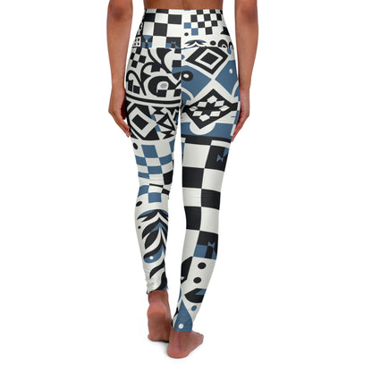 Lorelei Beaumont High-Waisted Leggings by Dazzling Dreams Studio showcasing striking checkerboard and block print design on a crisp white background.