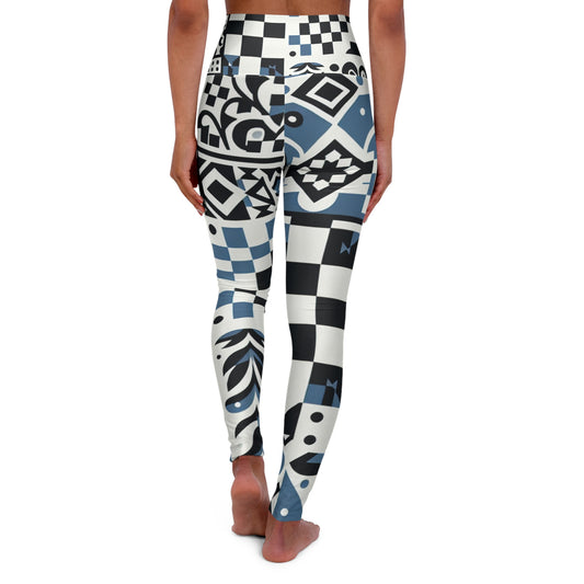 Lorelei Beaumont High-Waisted Leggings by Dazzling Dreams Studio showcasing striking checkerboard and block print design on a crisp white background.