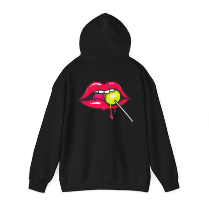 Fashionable black hoodie showcasing an artistic design of luscious red lips with a lollipop, ideal for adding playful elegance to any outfit.