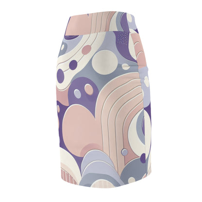 Back view of a luxurious Pastel Purple Pencil Skirt with a trendy globular pattern, ideal for transitioning from day to night with flair.