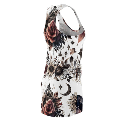Slightly angled side view of the Women's Chic Designer Racerback Dress featuring exquisite floral motifs and celestial elements, a must-have summer outfit.
