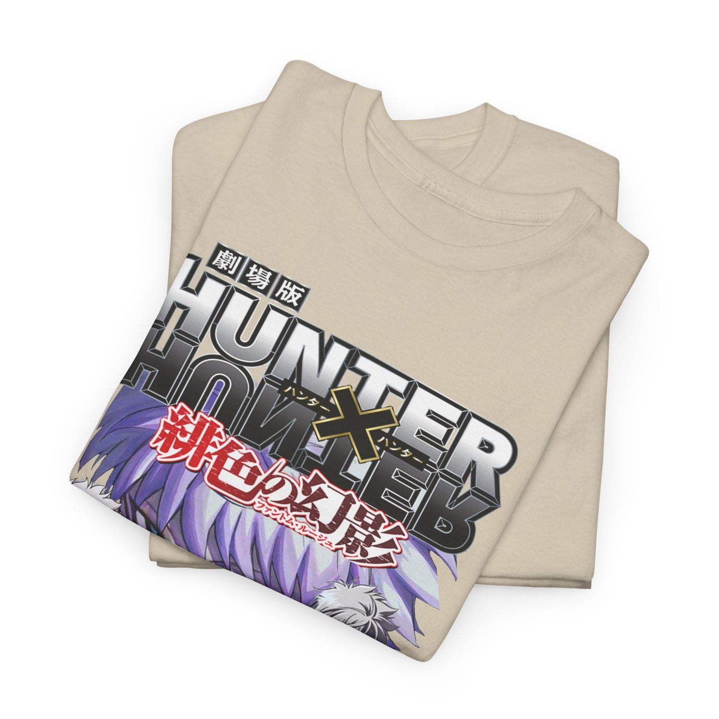 Stylish flat lay of a premium Hunter x Hunter themed t-shirt displaying intricate designs of Killua and the bold word ‘KILLUA,’ perfect for showcasing fashion.