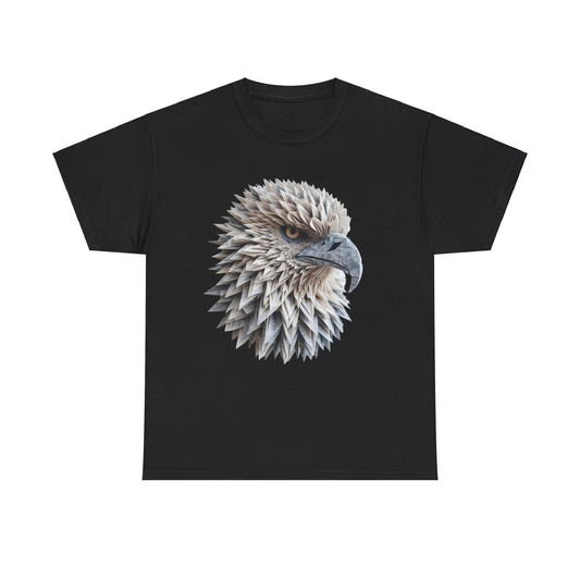Eagle Vision Unisex Cotton Graphic Tee showcasing a luxury nature-inspired design featuring an intricate eagle head sculpture print, crafted from folded paper, emphasizing artistry and comfort.