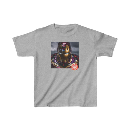 Kids Heavy Cotton Iron Man T-Shirt showcasing a captivating Iron Man graphic on a grey background, offered in 16 vibrant colours.