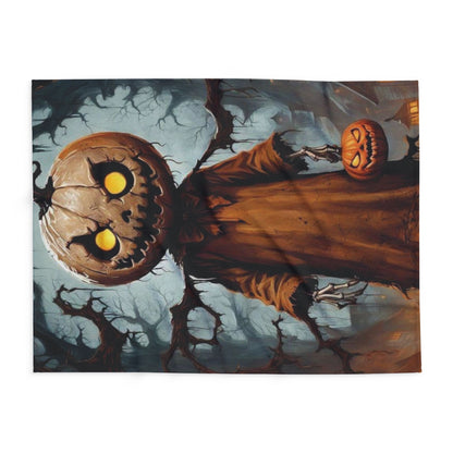 Luxurious Decorative and Warm Halloween Spooky Arctic Fleece Blanket featuring an intricately designed pumpkin character set against an eerie background, perfect for adding a touch of seasonal charm to your home décor.