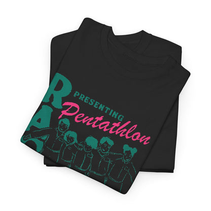 Elegant black Squid Game-themed graphic tee featuring playful title 'Presenting Pentathlon', showcasing a unique design for urban fashion enthusiasts.