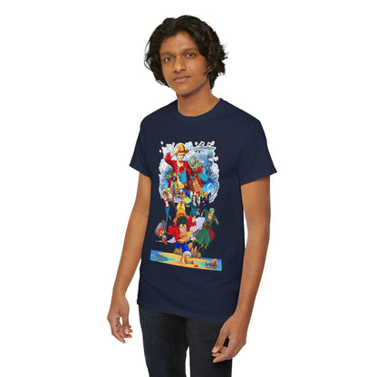 Fashionable navy men's t-shirt showcased on a model, adorned with an eye-catching anime design, merging comfort and luxury for anime aficionados.