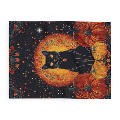 Refined Decorative and Warm Halloween Spooky Arctic Fleece Blanket featuring an artistic depiction of a black cat and pumpkins, perfect for stylishly embracing the Halloween spirit.