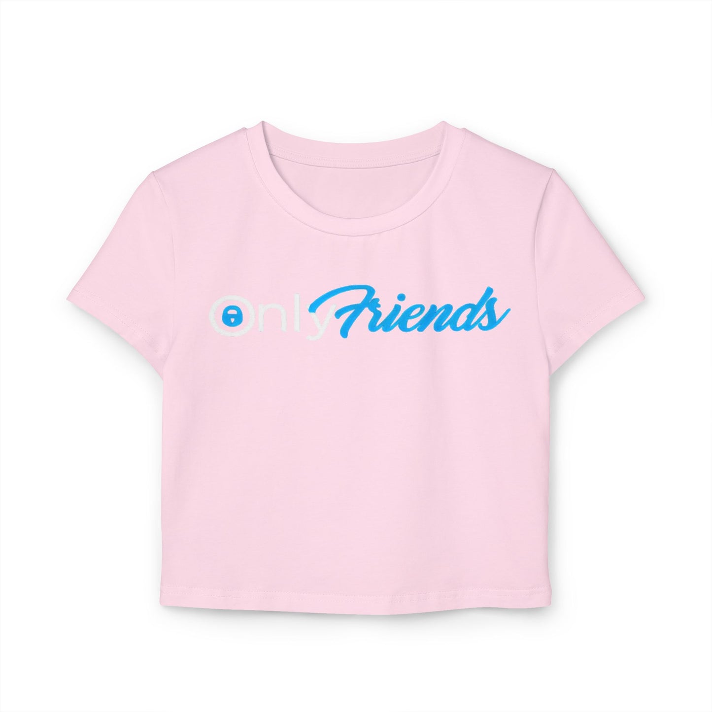 Elegant pink cropped t-shirt adorned with the cheeky saying 'Only Friends' in eye-catching blue script, ideal for chic and playful outings.