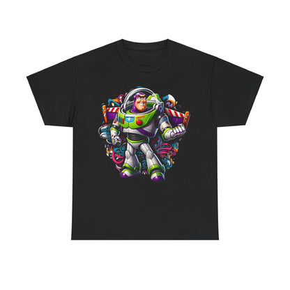Buzz Lightyear Graffiti Unisex Graphic Tee – Vibrant Space Ranger Design in Relaxed Fit on a black background, showcasing an artistic rendition of the iconic character amidst a colourful graffiti backdrop.