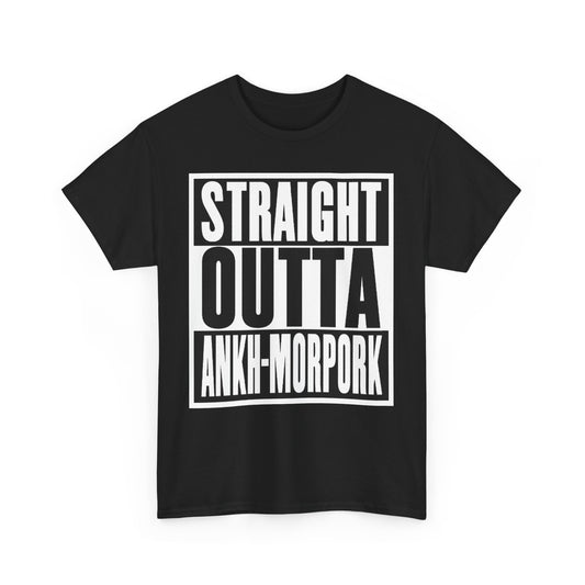 Stylish unisex graphic t-shirt displaying 'STRAIGHT OUTTA ANKH-MORPORK' text, ideal for true Discworld enthusiasts. Elegant black cotton design adds a touch of wit and charm.