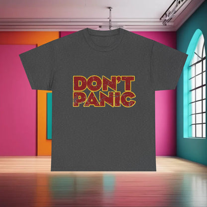 Sophisticated Don't Panic Hitch Hikers Guide Graphic T-Shirt in charcoal grey, blending comfort with geek fashion.